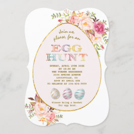 ピンクエレガント赤面花金ゴールド卵狩りイースター 招待状