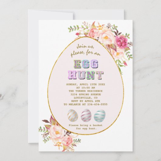 ピンクエレガント赤面花金ゴールド卵狩りイースター 招待状 (正面)