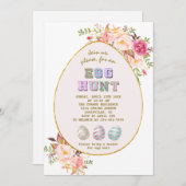 ピンクエレガント赤面花金ゴールド卵狩りイースター 招待状 (正面/裏面)