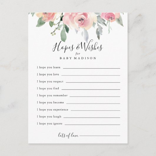ピンクエレガント赤面赤ちゃんシャワー希望&ウィッシュカード ポストカード (正面)