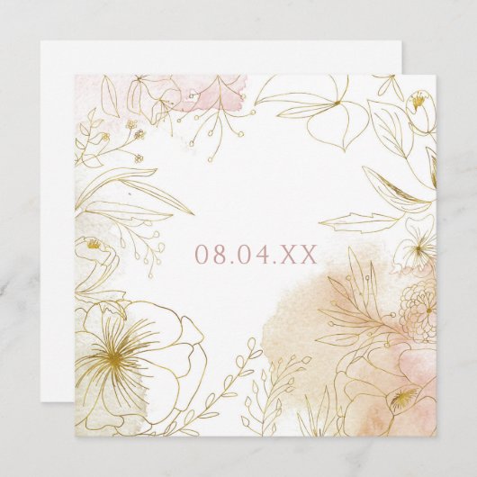 ピンクエレガント赤面金ゴールドフローラ水彩正方形 セーブザデート (正面/裏面)