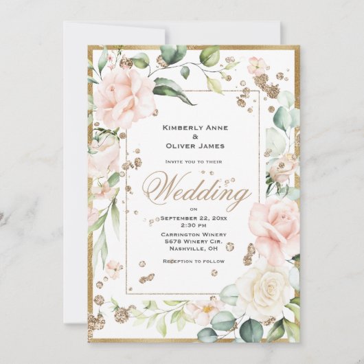 ピンクエレガント赤面金ゴールドフローラ結婚式招待状 招待状 (正面)