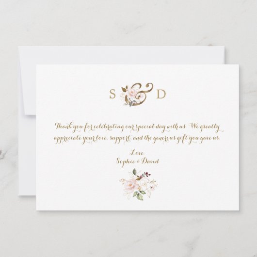 ピンクエレガント赤面金ゴールド結婚フローラありがとう サンキューカード (裏面)