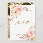ピンクエレガント赤面金ゴールド結婚フローラの写真 サンキューカード (正面/裏面)