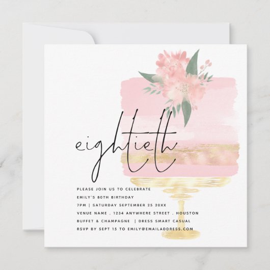 ピンクエレガント金ゴールドお誕生日ケーキ80位パーティー 招待状 (正面)