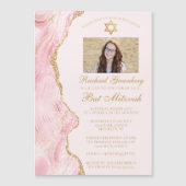 ピンクエレガント金ゴールドアゲートバルミツワー写真パーティー マグネット招待状 (正面)