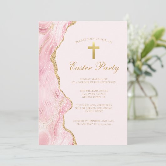 ピンクエレガント金ゴールドイースターパーティー 招待状 (スタンド正面)
