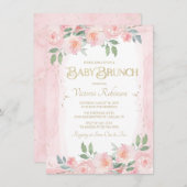 ピンクエレガント金ゴールドウォーターカラーフローラベビーブランチ 招待状 (正面/裏面)