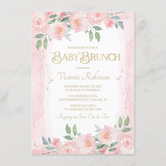ピンクエレガント金ゴールドウォーターカラーフローラベビーブランチ 招待状
