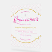 ピンクエレガント金ゴールドキンセアニェラ霜よけ歓迎 アクリルサイン (傾斜)