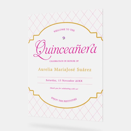 ピンクエレガント金ゴールドキンセアニェラ霜よけ歓迎 アクリルサイン (傾斜)