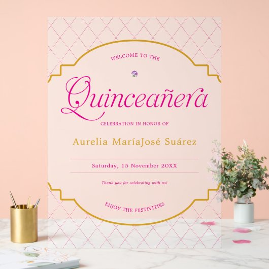 ピンクエレガント金ゴールドキンセアニェラ霜よけ歓迎 アクリルサイン (ウェディング)