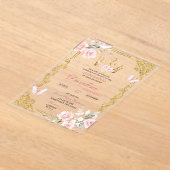 ピンクエレガント金ゴールドクラウンキンセアニェラ アクリル招待状 (レイダウン)