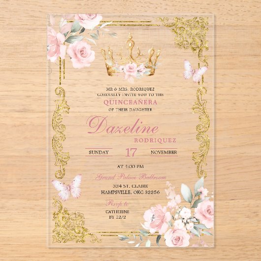 ピンクエレガント金ゴールドクラウンキンセアニェラ アクリル招待状 (正面)