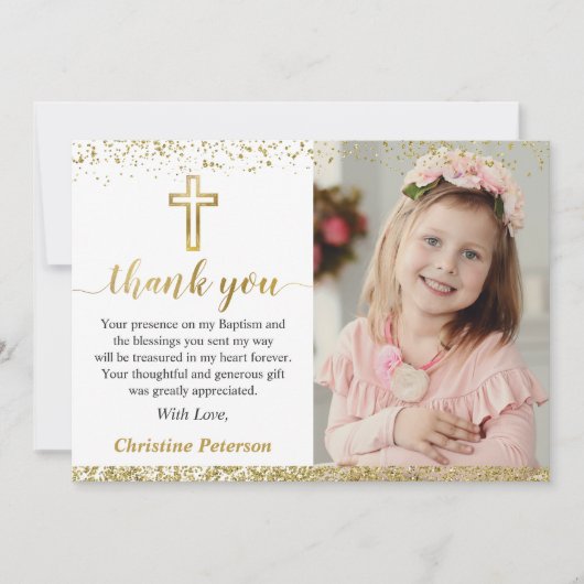 ピンクエレガント金ゴールドクロスガールバプテスマ写真 サンキューカード (正面)