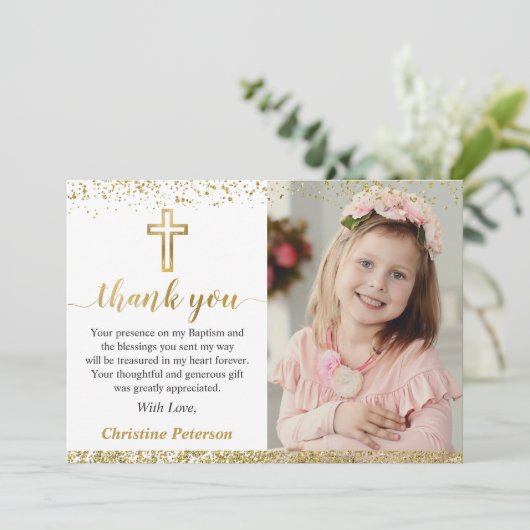 ピンクエレガント金ゴールドクロスガールバプテスマ写真 サンキューカード (スタンド正面)