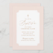 ピンクエレガント金ゴールドクロスガールバプテスマ 招待状 (正面/裏面)