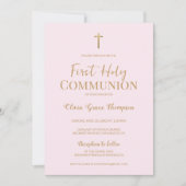 ピンクエレガント金ゴールドクロスガールファースト聖餐式 招待状 (正面)
