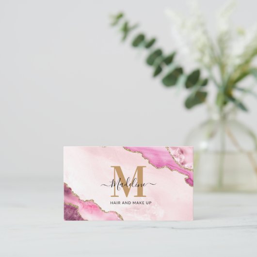 ピンクエレガント金ゴールドグリッターアゲートマーブルモノグラム 名刺 (スタンド正面)