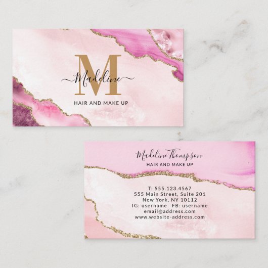 ピンクエレガント金ゴールドグリッターアゲートマーブルモノグラム 名刺 (正面/裏面)