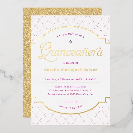 ピンクエレガント金ゴールドグリッターキンセアニラ誕生日 箔招待状 (正面/裏面)