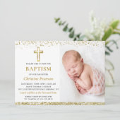 ピンクエレガント金ゴールドグリッタークロスガールバプテスマ写真 招待状 (スタンド正面)