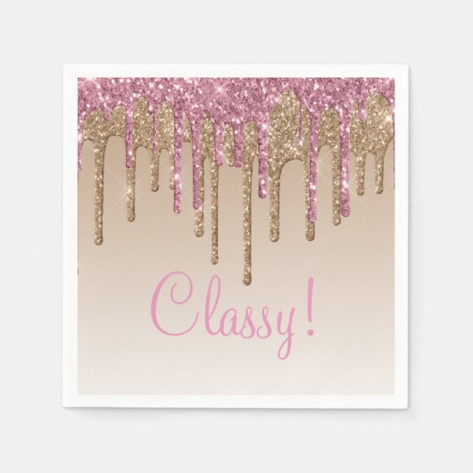ピンクエレガント金ゴールドグリッターグラムスクリプトオンブガーリーレ スタンダードカクテルナプキン (正面)