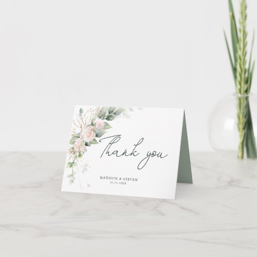 ピンクエレガント金ゴールドグリッターバラユーカリ結婚ス サンキューカード (正面)