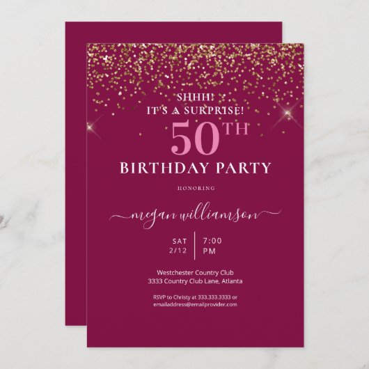 ピンクエレガント金ゴールドグリッター50th誕生日パーティー 招待状 (正面/裏面)