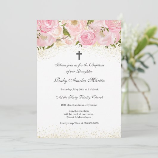 ピンクエレガント金ゴールドスパークルバラバプテスマ招待状 招待状 (スタンド正面)