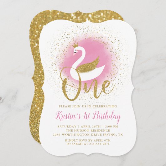 ピンクエレガント金ゴールドスワンプリンセスガール1st誕生日 招待状 (正面/裏面)