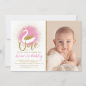 ピンクエレガント金ゴールドスワンプリンセス1stバースデーフォト 招待状 (正面)