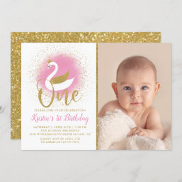 ピンクエレガント金ゴールドスワンプリンセス1stバースデーフォト 招待状