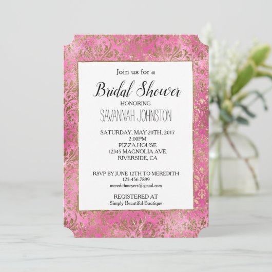 ピンクエレガント金ゴールドダマスクブライダルシャワー 招待状 (スタンド正面)