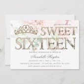 ピンクエレガント金ゴールドティアラフローラスウィート16 招待状 (正面)