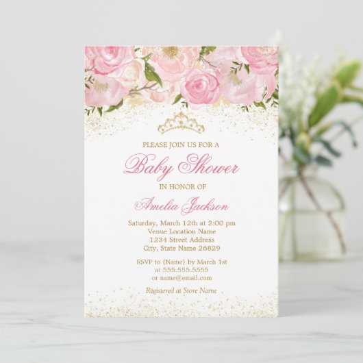 ピンクエレガント金ゴールドバラガールベビーシャワー招待状 招待状 (スタンド正面)