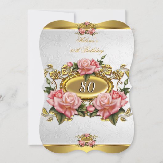 ピンクエレガント金ゴールドバラホワイト80誕生日2 招待状 (正面)