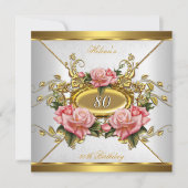 ピンクエレガント金ゴールドバラホワイト80th誕生日パーティー 招待状 (正面)