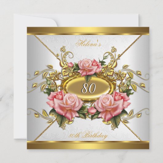 ピンクエレガント金ゴールドバラホワイト80th誕生日パーティー 招待状 (正面)
