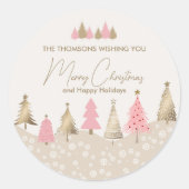 ピンクエレガント金ゴールドパインツリーウィンターパーティー ラウンドシール (正面)
