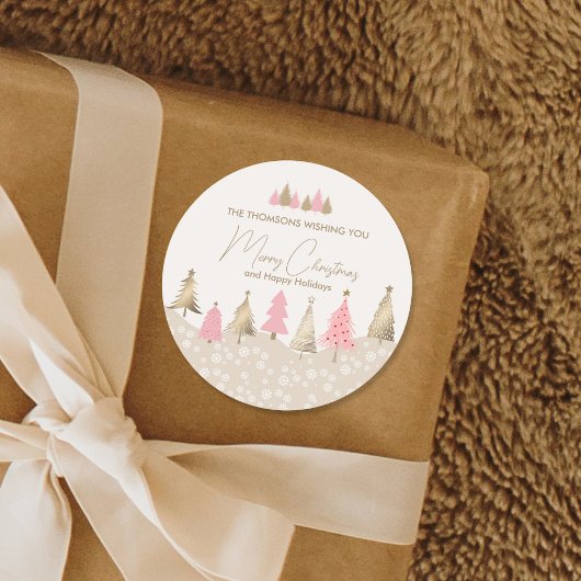 ピンクエレガント金ゴールドパインツリーウィンターパーティー ラウンドシール