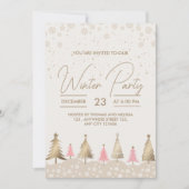 ピンクエレガント金ゴールドパインツリーウィンターパーティー 招待状 (正面)
