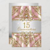 ピンクエレガント金ゴールドパールダマスクキンセアニェラ招待状 招待状 (正面/裏面)