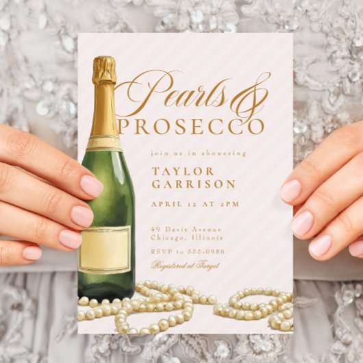 ピンクエレガント金ゴールドパール&プロセッコブライダルシャワー 招待状