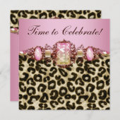 ピンクエレガント金ゴールドピンクヒョウ誕生日パーティー 招待状 (正面/裏面)