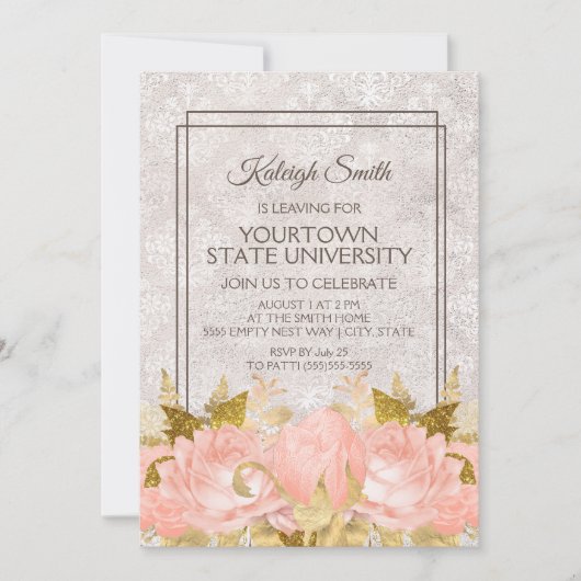 ピンクエレガント金ゴールドフローラアイボリーダマスクトランクパーティー 招待状 (正面)