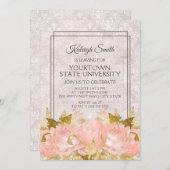 ピンクエレガント金ゴールドフローラアイボリーダマスクトランクパーティー 招待状 (正面/裏面)