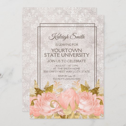 ピンクエレガント金ゴールドフローラアイボリーダマスクトランクパーティー 招待状 (正面/裏面)