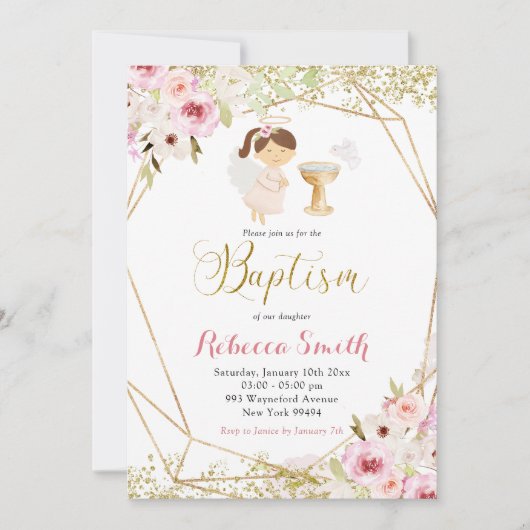 ピンクエレガント金ゴールドフローラガールバプテスマ招待状 招待状 (正面)