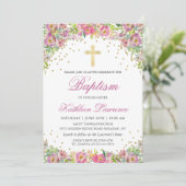 ピンクエレガント金ゴールドフローラガールバプテスマ招待状 招待状 (スタンド正面)